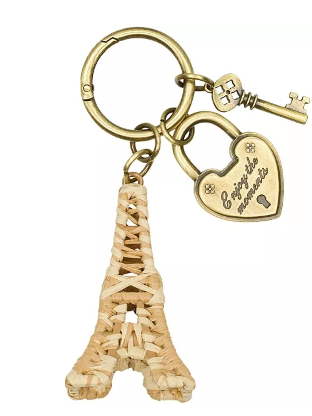 Patricia Nash Gold-Tone Heart Lock & Natural Woven Eiffel Keychain Handbag Charm
